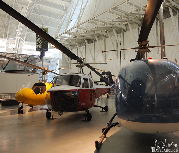 Bell H-13J, Bell Model 47B, and Bell Model 30 Ship 1A Genevieve helicopters at the Steven F. Udvar-Hazy Center