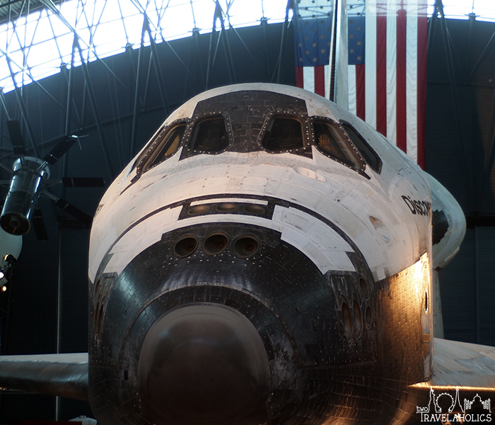 In front the space shuttle Discovery at the Steven F. Udvar-Hazy Center