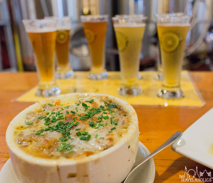 The Church Brew Works Sampler and French Onion Soup
